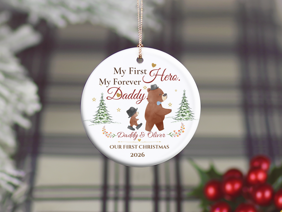 My First Hero Daddy Ornament, Personalized First Christmas as Dad Gift