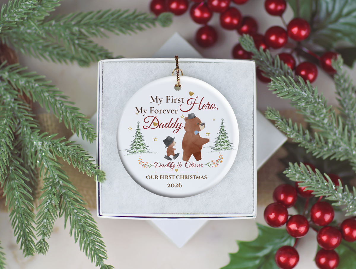 My First Hero Daddy Ornament, Personalized First Christmas as Dad Gift