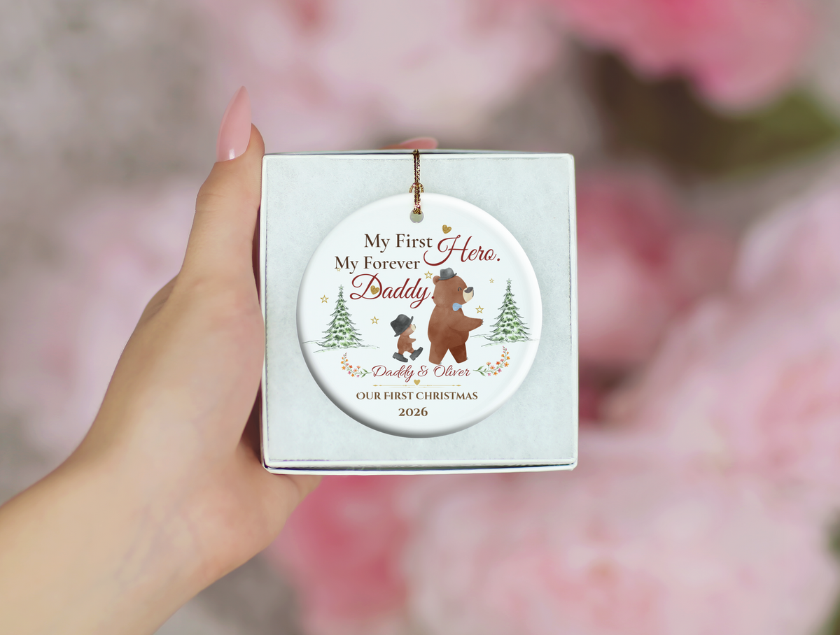 My First Hero Daddy Ornament, Personalized First Christmas as Dad Gift