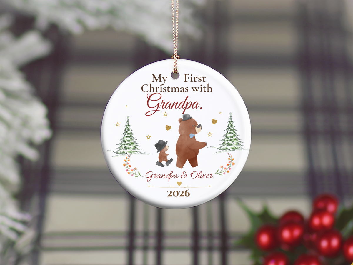 Personalized First Christmas with Grandpa Ornament, Grandson Bear Keepsake