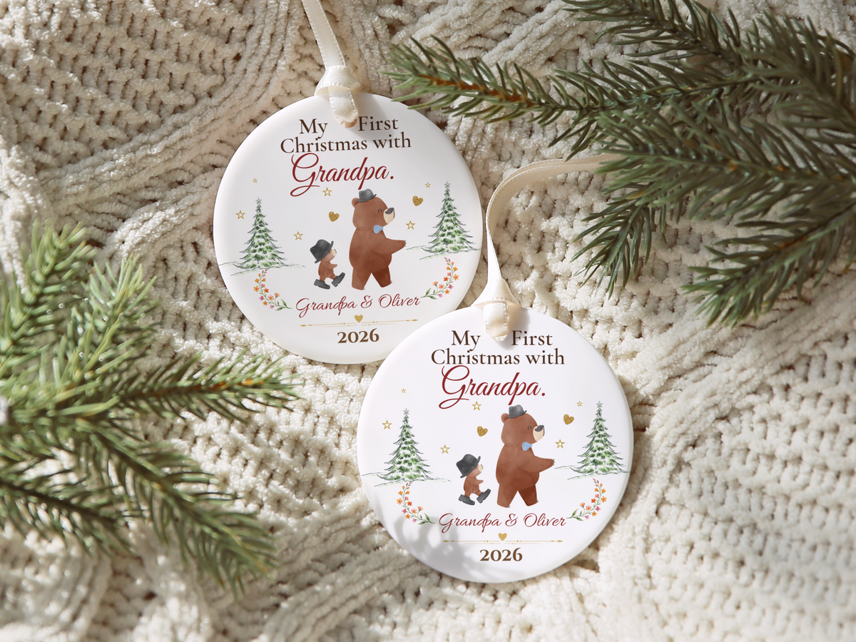 Personalized First Christmas with Grandpa Ornament, Grandson Bear Keepsake