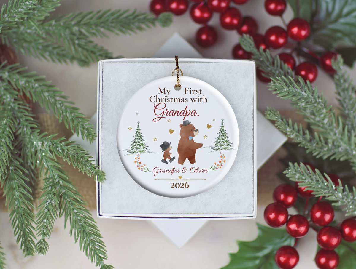 Personalized First Christmas with Grandpa Ornament, Grandson Bear Keepsake