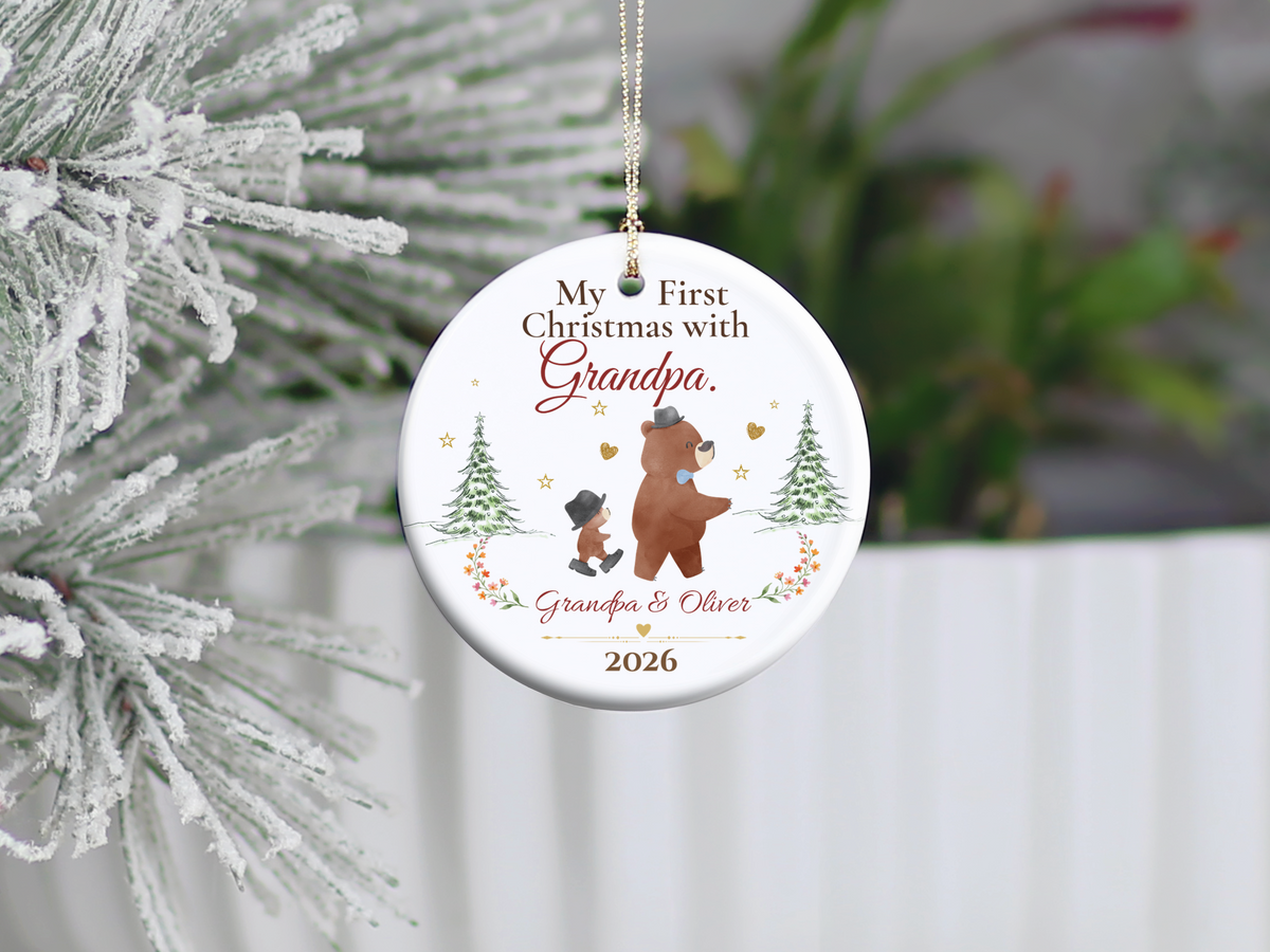 Personalized First Christmas with Grandpa Ornament, Grandson Bear Keepsake