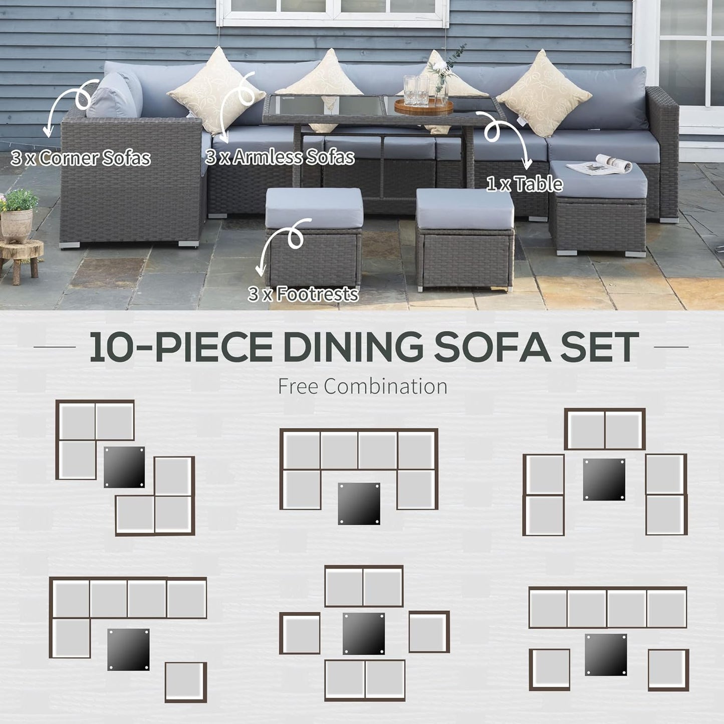 Cavenda™ 10-Piece Rattan Garden Sofa Dining Set – Grey