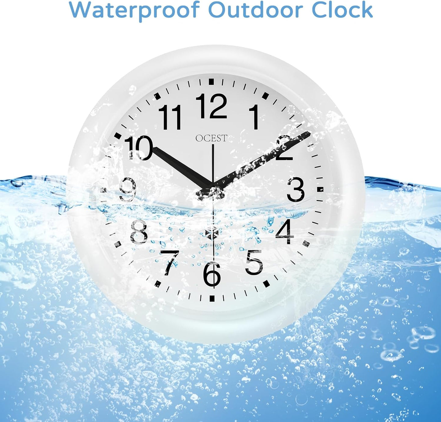 Sealed Waterproof Garden Wall Clock, 12 Inch Large Indoor Outdoor Clocks, Silent Non-Ticking Battery Operated Quartz round for Patio, Pool, Lanai, Fence, Kitchen, Bathroom (White)