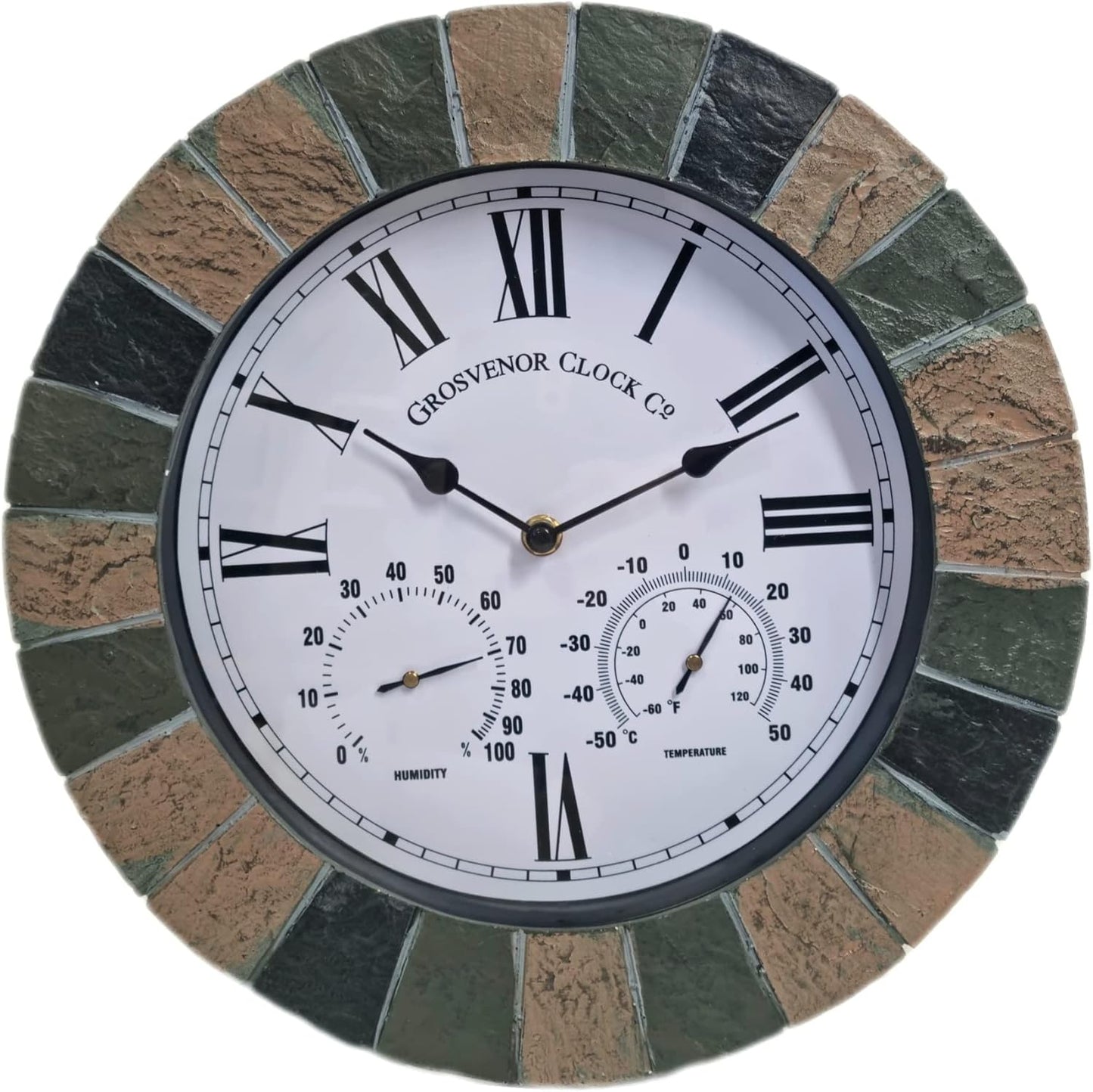SLATE EFFECT GARDEN WALL CLOCK & THERMOMETER & HUMIDITY INDOOR OUTDOOR