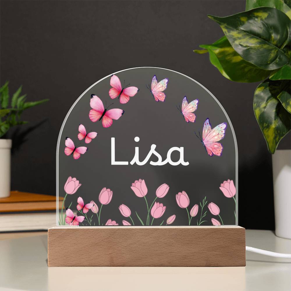Personalized Butterfly Acrylic Plaque with LED Base, Pink Floral Name Sign, Lisa Gift for Her, Bedroom and Home Decor Display Light