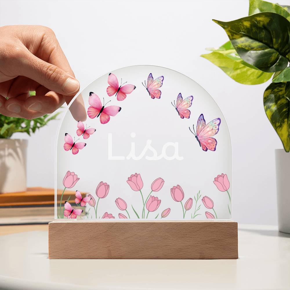 Personalized Butterfly Acrylic Plaque with LED Base, Pink Floral Name Sign, Lisa Gift for Her, Bedroom and Home Decor Display Light