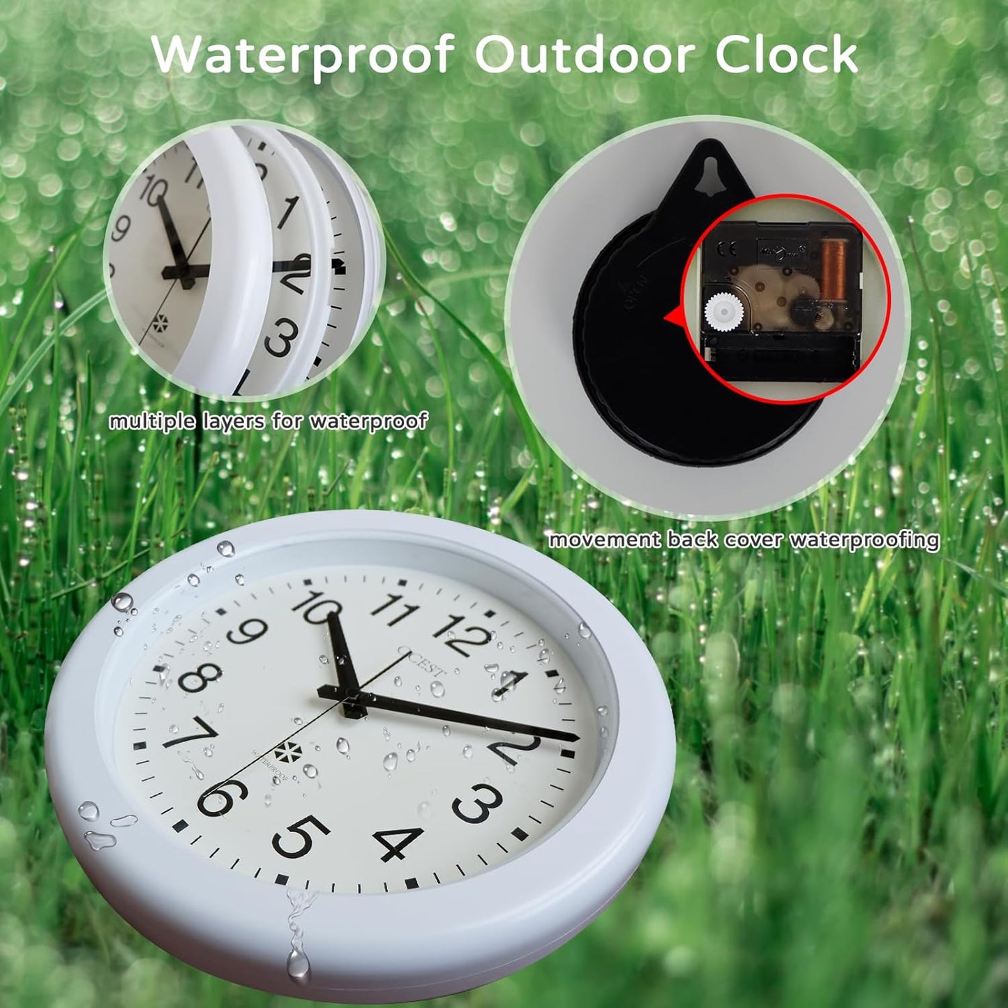 Sealed Waterproof Garden Wall Clock, 12 Inch Large Indoor Outdoor Clocks, Silent Non-Ticking Battery Operated Quartz round for Patio, Pool, Lanai, Fence, Kitchen, Bathroom (White)