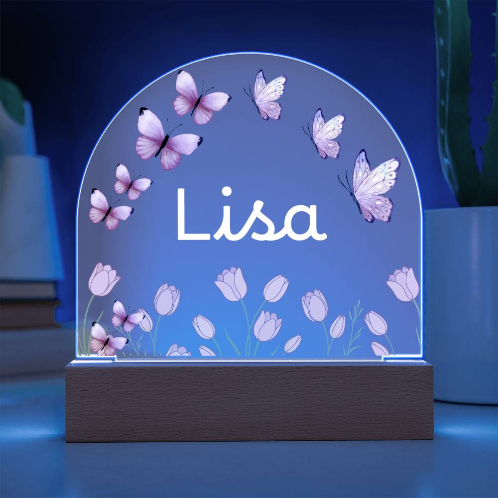 Personalized Butterfly Acrylic Plaque with LED Base, Pink Floral Name Sign, Lisa Gift for Her, Bedroom and Home Decor Display Light