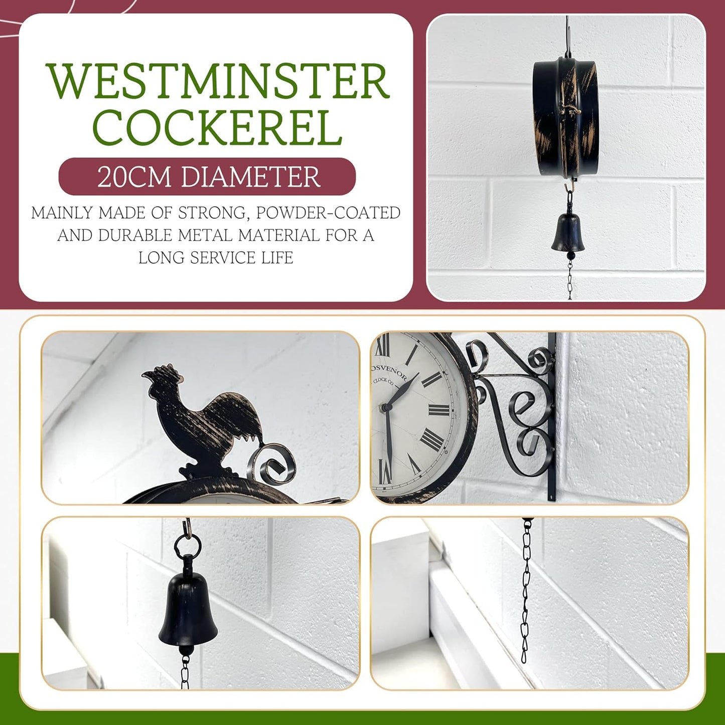 Cockerel and Bell Outdoor Garden Clock with Station Bracket Double Sided - 20Cm Diameter