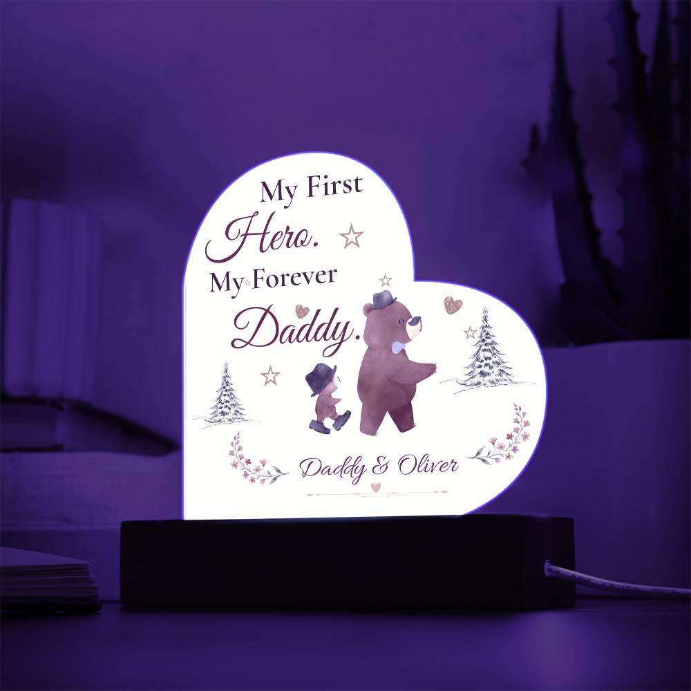 My First Hero My Forever Daddy Heart Plaque, Dad and Son Gift, Father’s Day Keepsake, Bear Design LED Acrylic Memorial Decor for Dad