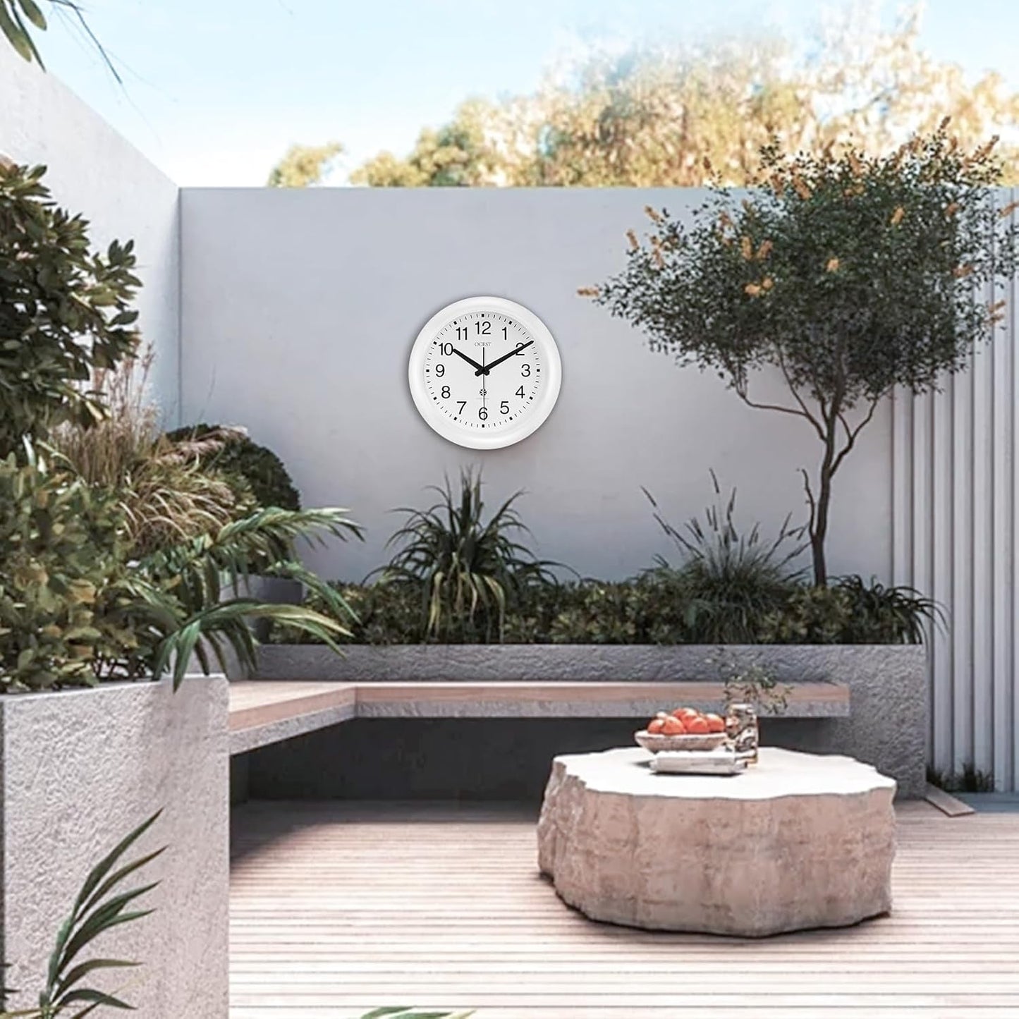 Sealed Waterproof Garden Wall Clock, 12 Inch Large Indoor Outdoor Clocks, Silent Non-Ticking Battery Operated Quartz round for Patio, Pool, Lanai, Fence, Kitchen, Bathroom (White)
