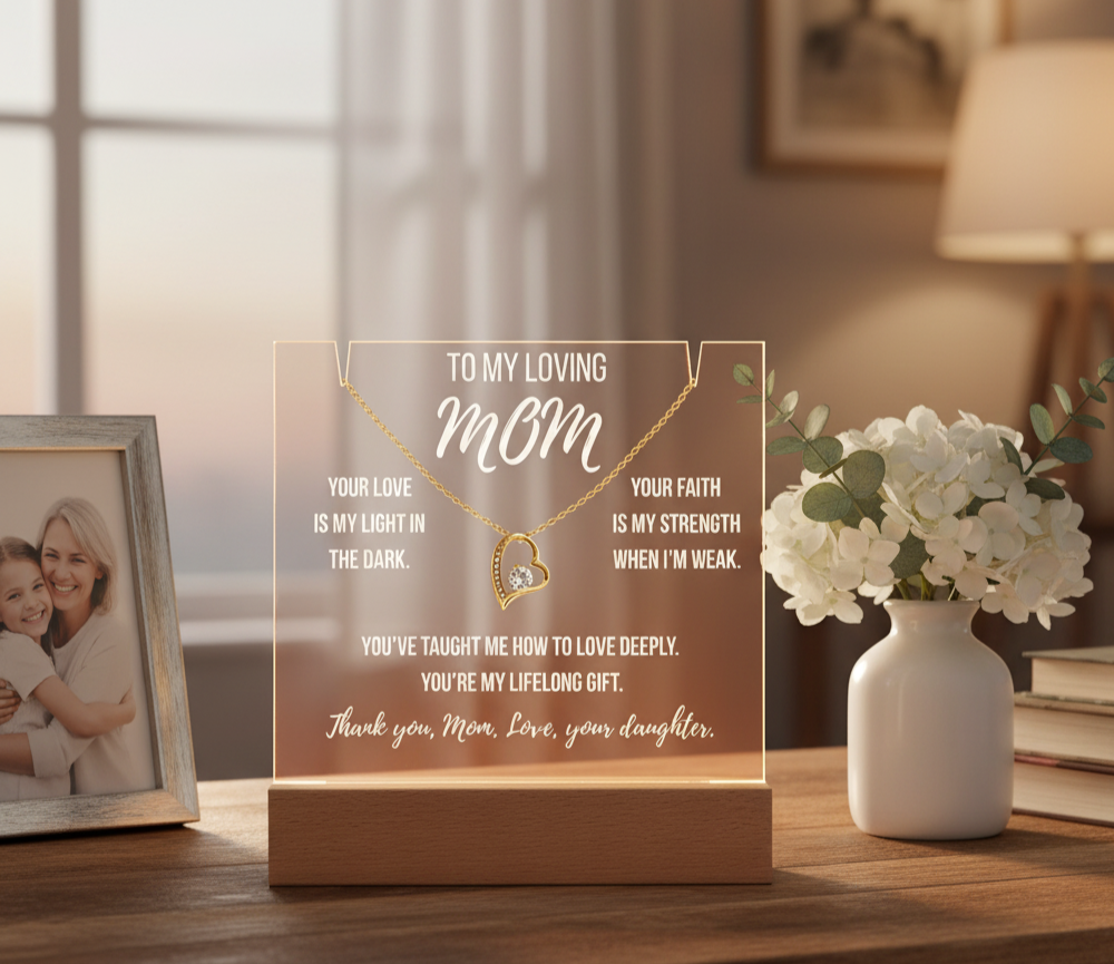 Decorative plaque with a necklace on a wooden stand, placed on a table with a vase of flowers and photo frame in the background.