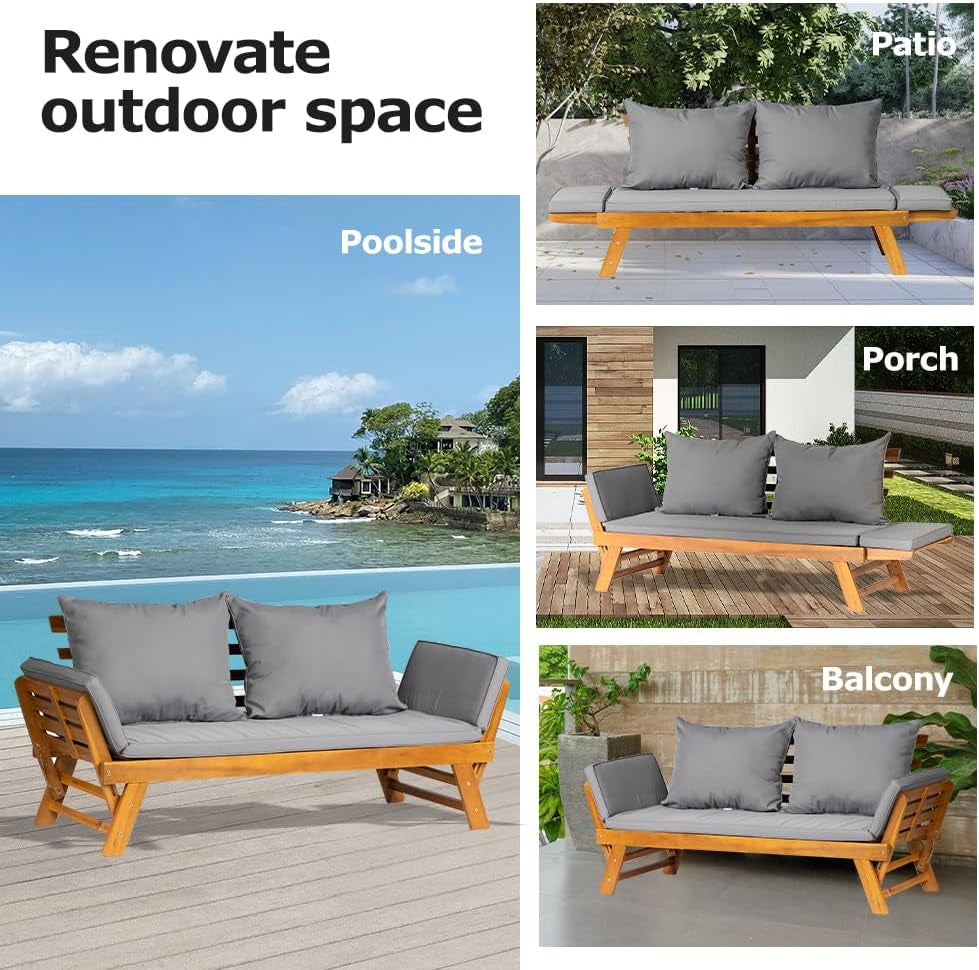 Acacia Wood Convertible Couch Sofa Bed with Adjustable Armrest Folding Daybed Collapsible Chaise Lounge with Cushion Pillow Outdoor Loveseat for Garden Patio Poolside (Grey)