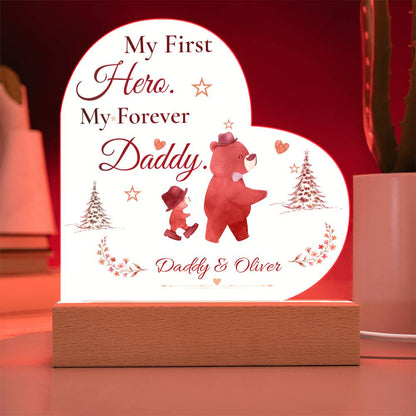 My First Hero My Forever Daddy Heart Plaque, Dad and Son Gift, Father’s Day Keepsake, Bear Design LED Acrylic Memorial Decor for Dad