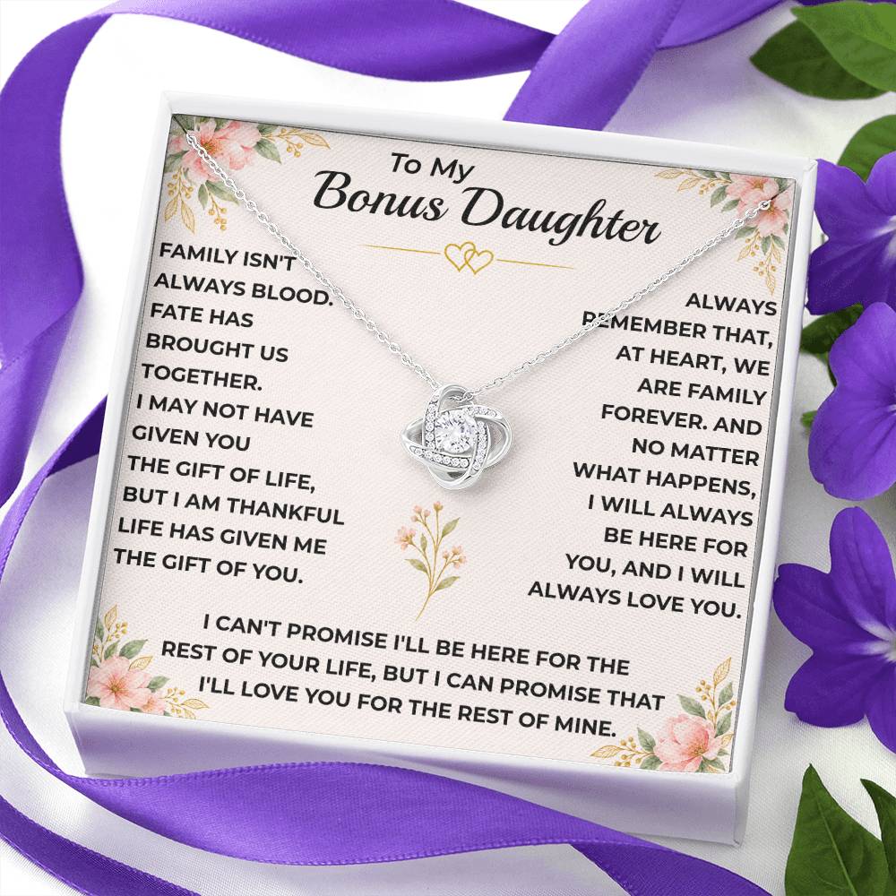To My Bonus Daughter - "My Family Forever" Love Knot Necklace Gift Set