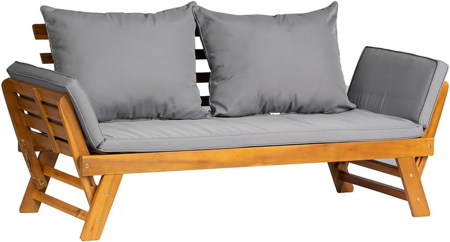 Acacia Wood Convertible Couch Sofa Bed with Adjustable Armrest Folding Daybed Collapsible Chaise Lounge with Cushion Pillow Outdoor Loveseat for Garden Patio Poolside (Grey)