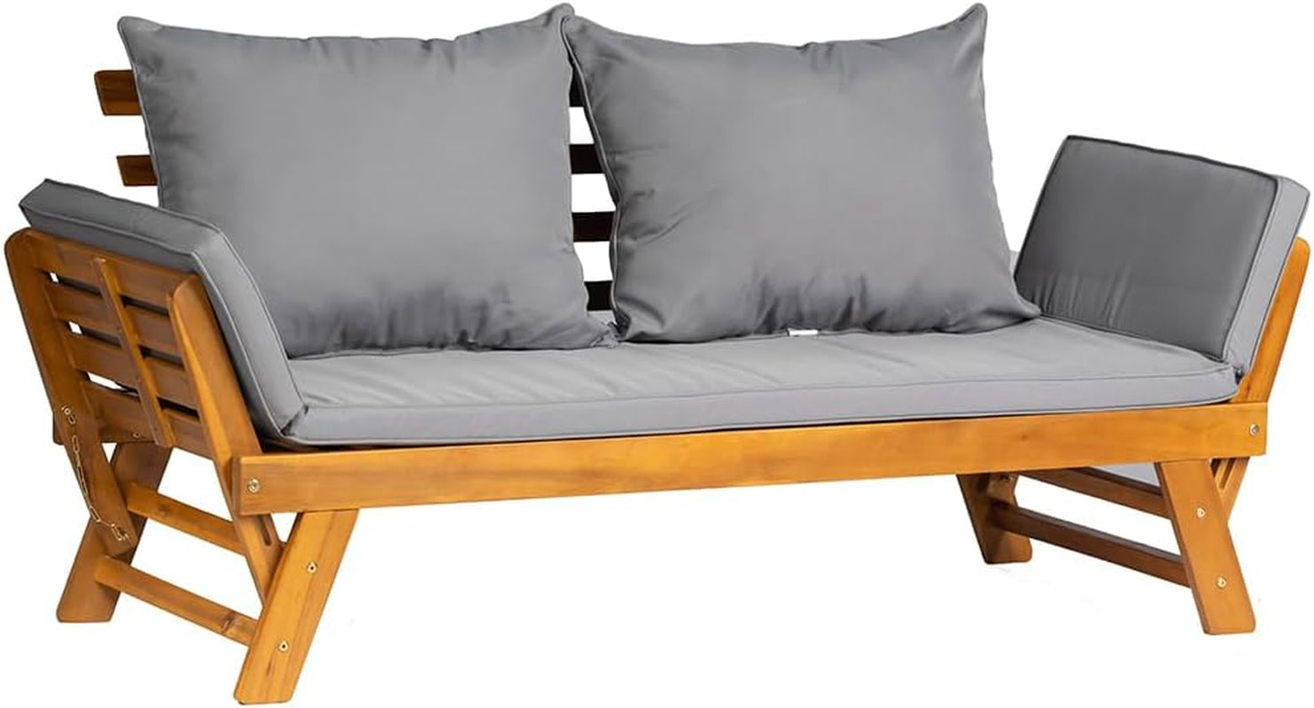 Acacia Wood Convertible Couch Sofa Bed with Adjustable Armrest Folding Daybed Collapsible Chaise Lounge with Cushion Pillow Outdoor Loveseat for Garden Patio Poolside (Grey)
