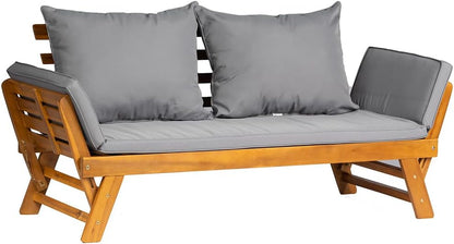 Acacia Wood Convertible Couch Sofa Bed with Adjustable Armrest Folding Daybed Collapsible Chaise Lounge with Cushion Pillow Outdoor Loveseat for Garden Patio Poolside (Grey)