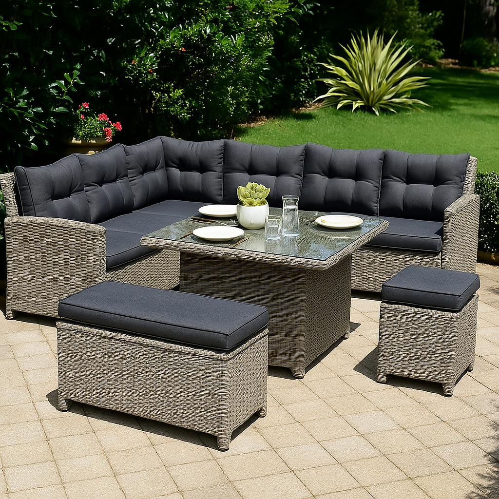 10 Seater Rattan Garden Dining Set with Cushions & Glass Table – Grey Outdoor Corner Sofa Set for Patio or Conservatory 