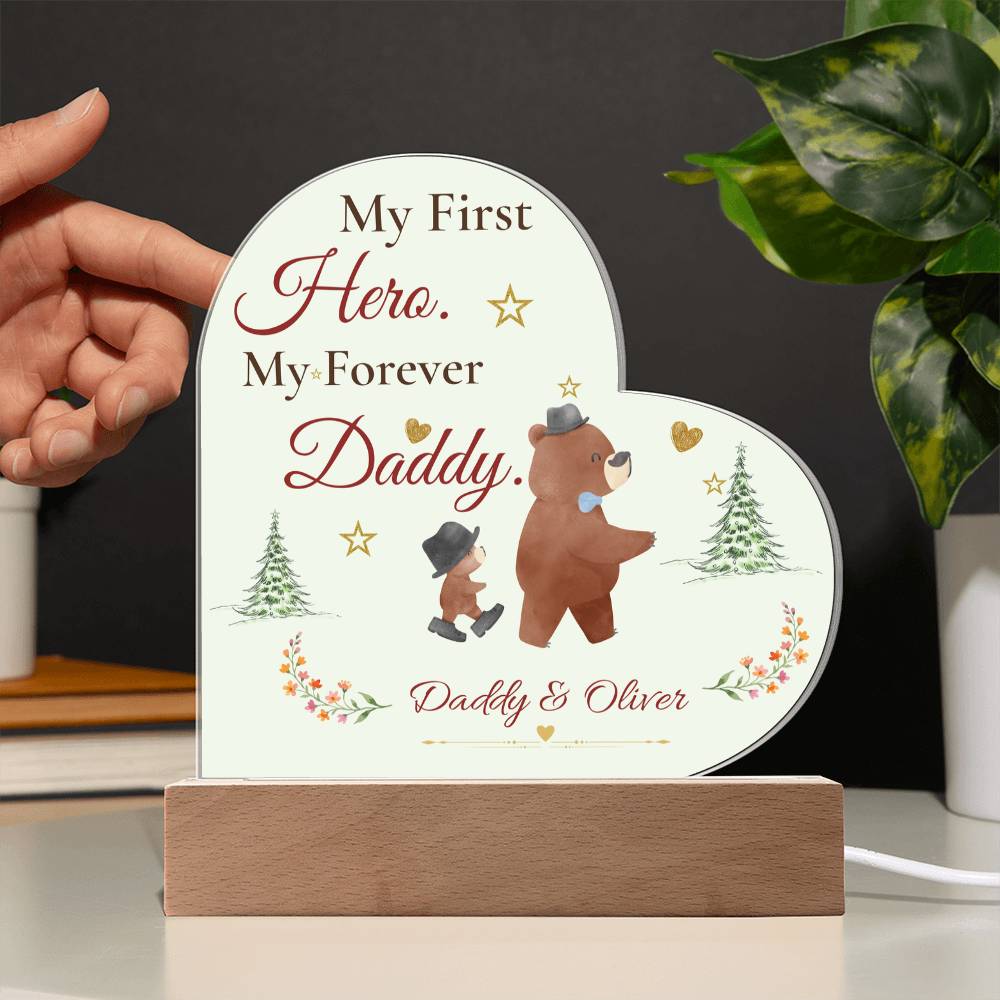 My First Hero My Forever Daddy Heart Plaque, Dad and Son Gift, Father’s Day Keepsake, Bear Design LED Acrylic Memorial Decor for Dad