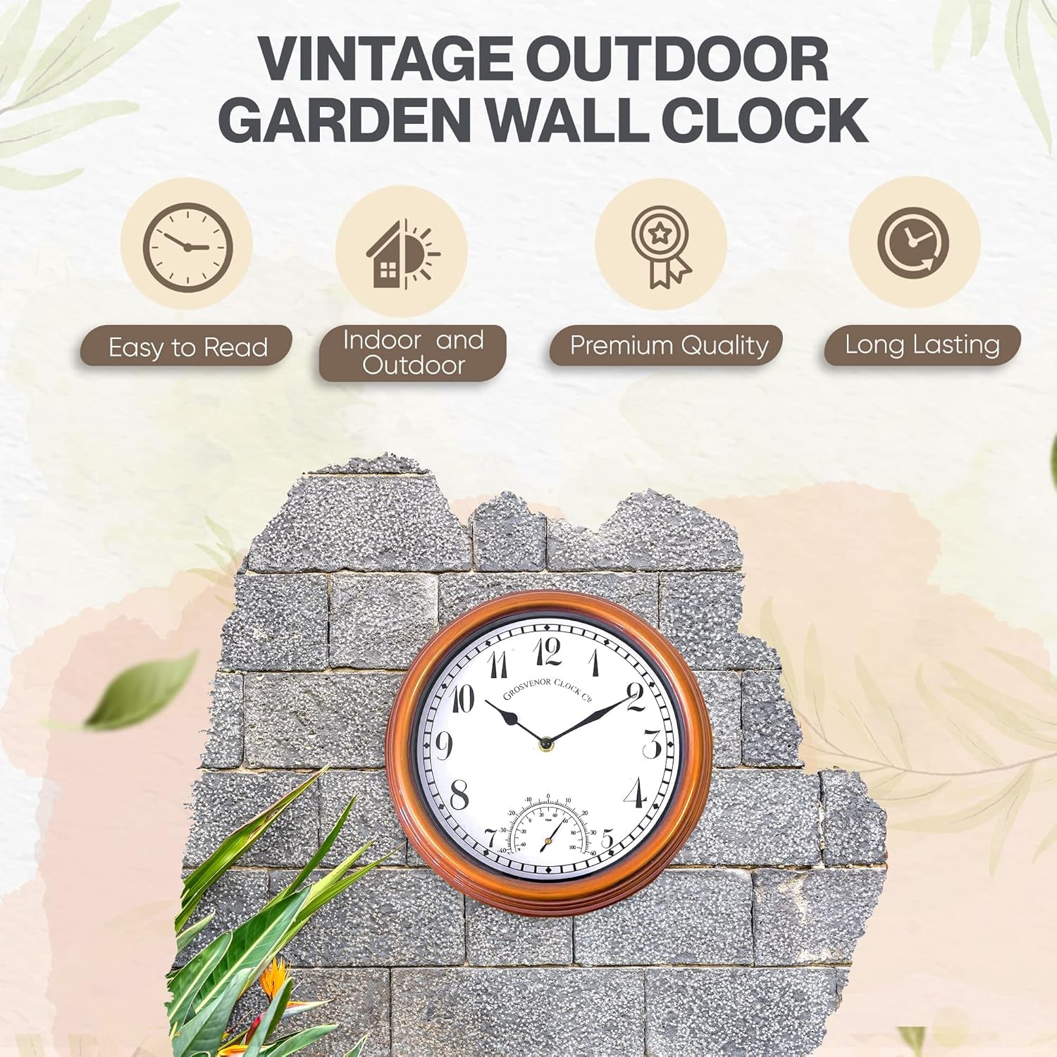 Outdoor Garden Wall Clock Thermometer and Humidity Meter Ornament Weather Resistant 31Cm