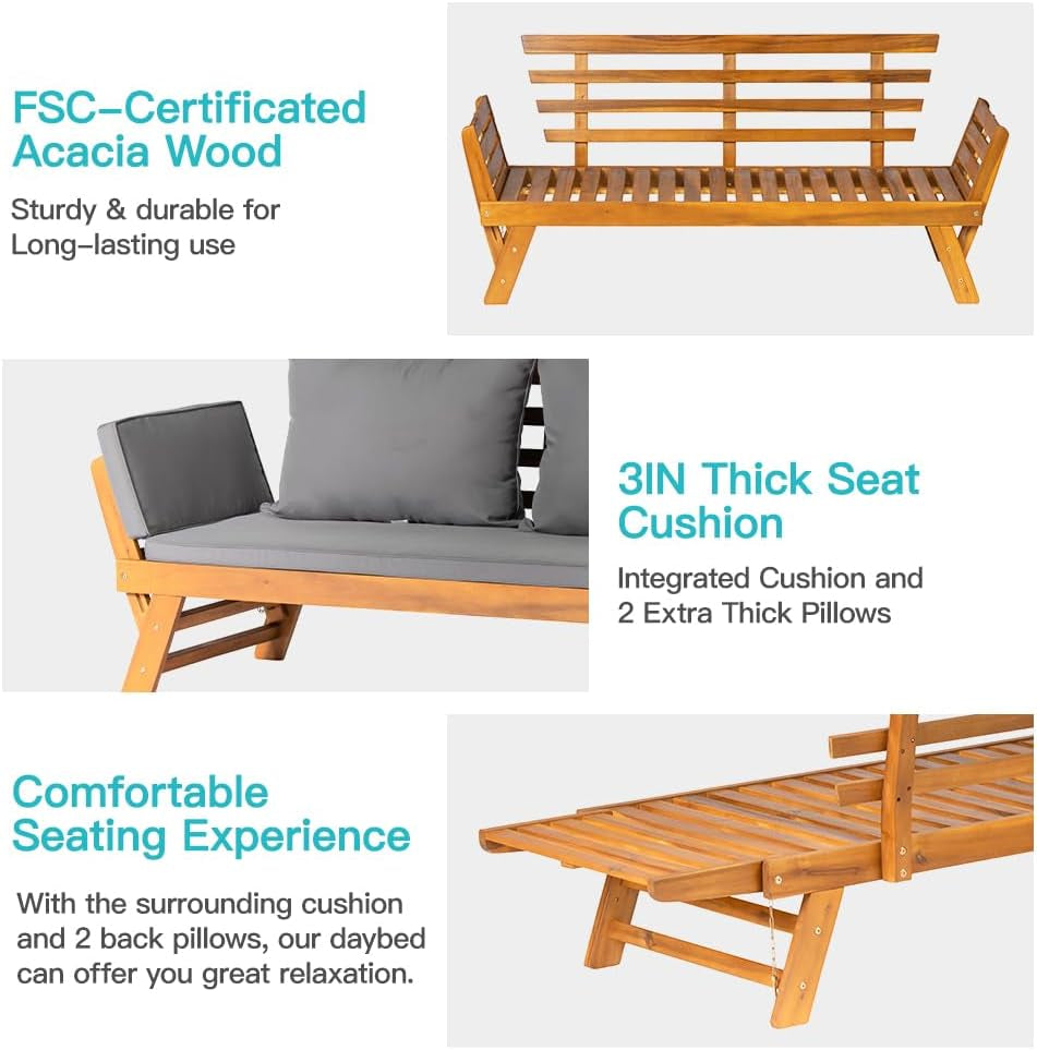 Acacia Wood Convertible Couch Sofa Bed with Adjustable Armrest Folding Daybed Collapsible Chaise Lounge with Cushion Pillow Outdoor Loveseat for Garden Patio Poolside (Grey)