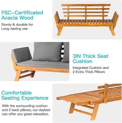 Acacia Wood Convertible Couch Sofa Bed with Adjustable Armrest Folding Daybed Collapsible Chaise Lounge with Cushion Pillow Outdoor Loveseat for Garden Patio Poolside (Grey)