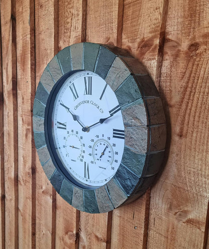 SLATE EFFECT GARDEN WALL CLOCK & THERMOMETER & HUMIDITY INDOOR OUTDOOR