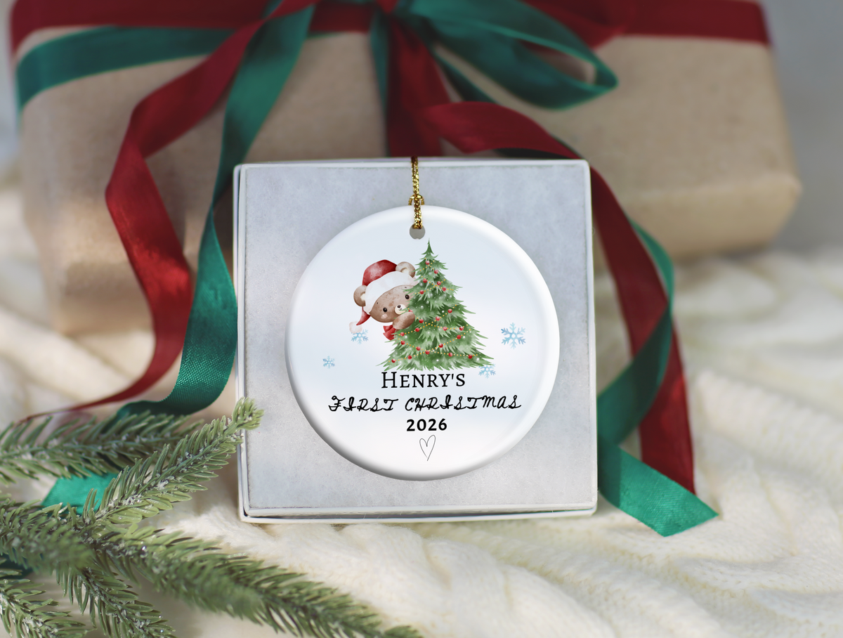Baby's First Christmas Ornament 2026, Personalized Baby Bear Tree Ceramic Keepsake, Newborn Holiday Gift, Baby's First Christmas Decor