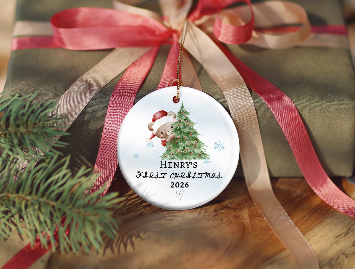 Baby's First Christmas Ornament 2026, Personalized Baby Bear Tree Ceramic Keepsake, Newborn Holiday Gift, Baby's First Christmas Decor