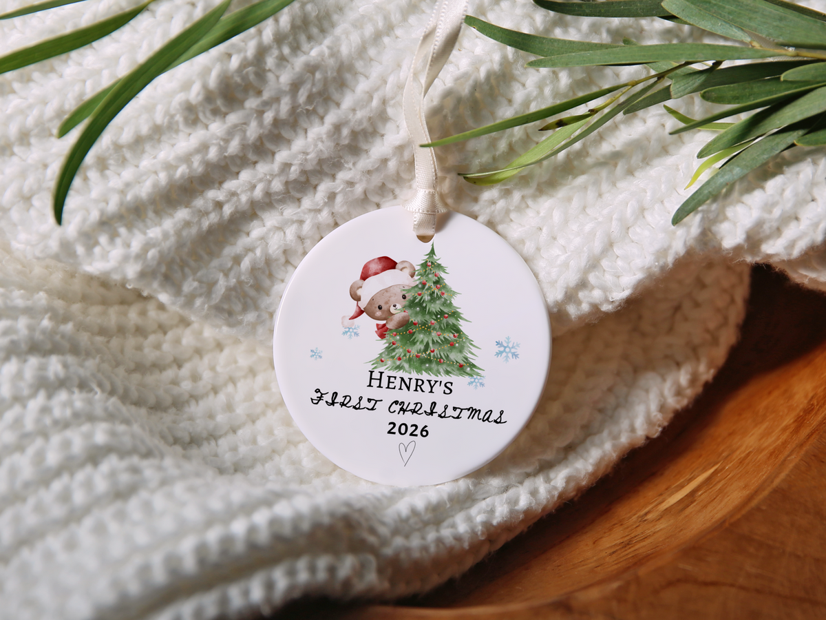 Baby's First Christmas Ornament 2026, Personalized Baby Bear Tree Ceramic Keepsake, Newborn Holiday Gift, Baby's First Christmas Decor