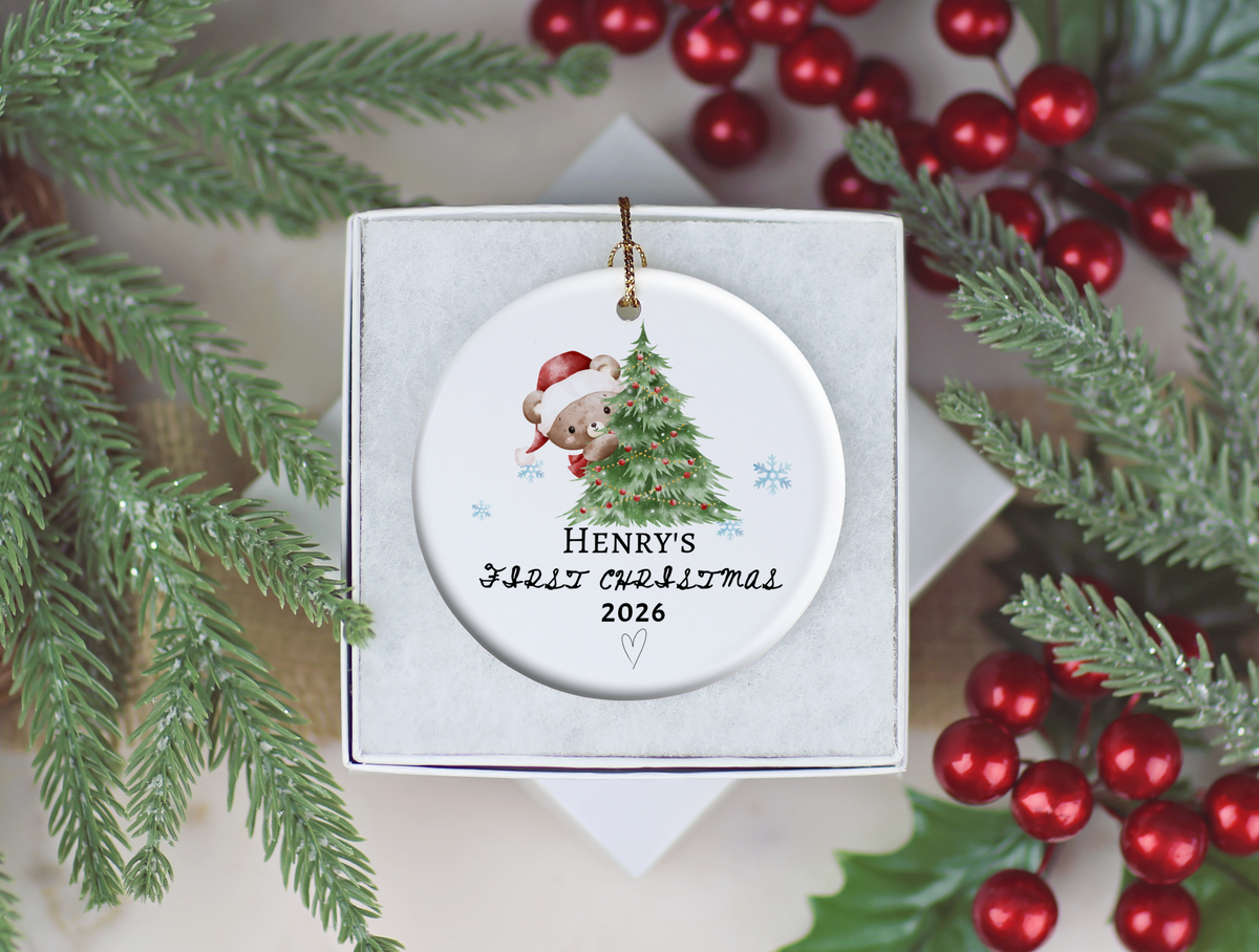 Baby's First Christmas Ornament 2026, Personalized Baby Bear Tree Ceramic Keepsake, Newborn Holiday Gift, Baby's First Christmas Decor