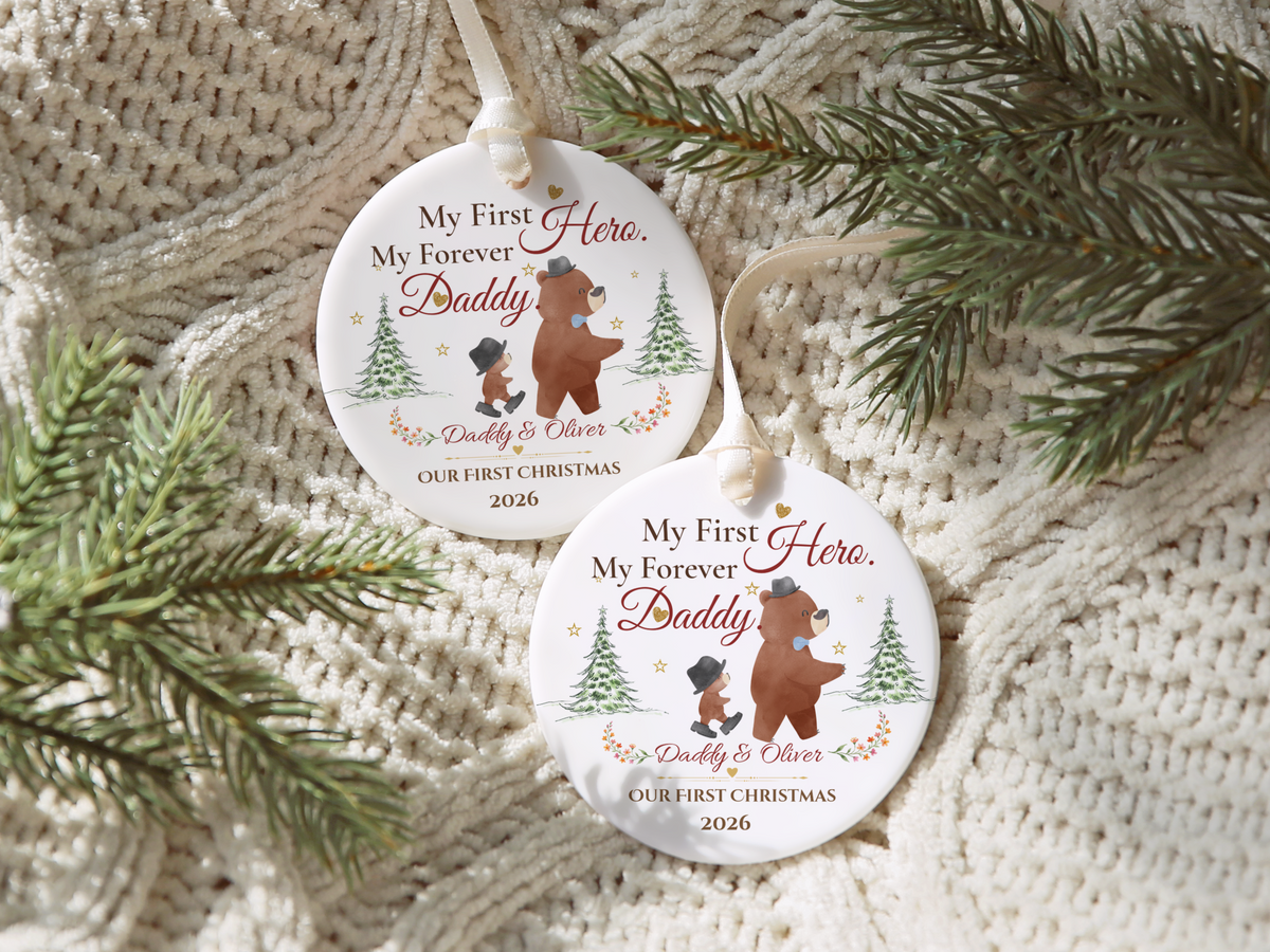 My First Hero Daddy Ornament, Personalized First Christmas as Dad Gift