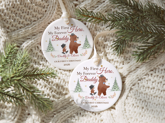 My First Hero Daddy Ornament, Personalized First Christmas as Dad Gift