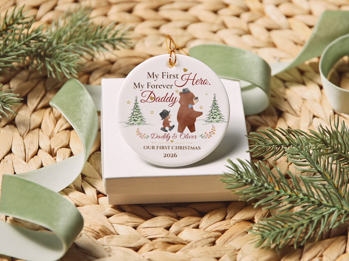 My First Hero Daddy Ornament, Personalized First Christmas as Dad Gift