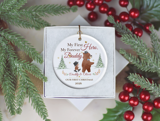 My First Hero Daddy Ornament, Personalized First Christmas as Dad Gift