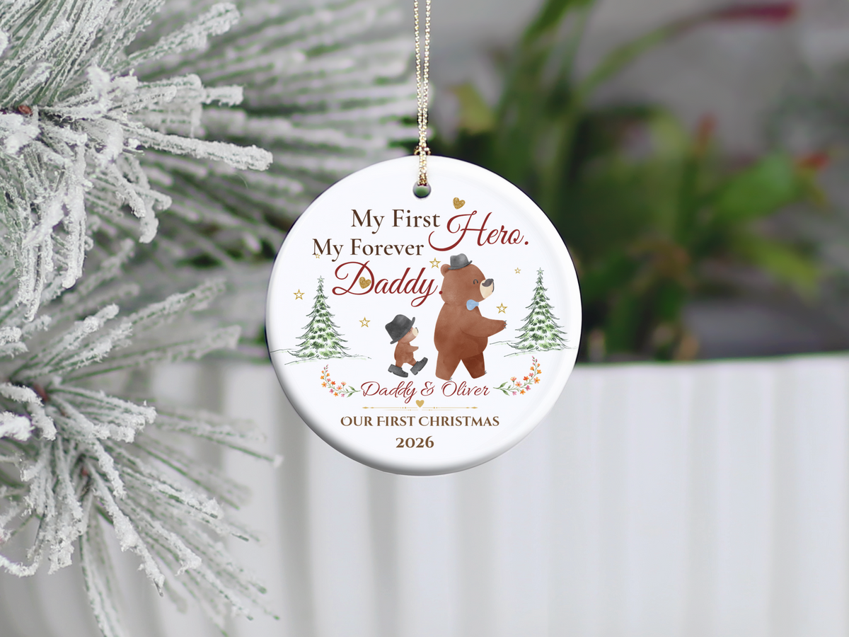 My First Hero Daddy Ornament, Personalized First Christmas as Dad Gift