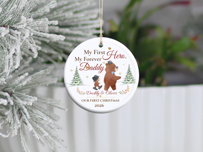 My First Hero Daddy Ornament, Personalized First Christmas as Dad Gift