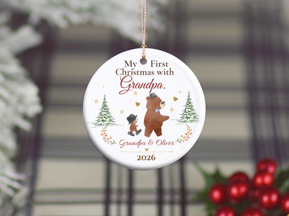 Personalized First Christmas with Grandpa Ornament, Grandson Bear Keepsake