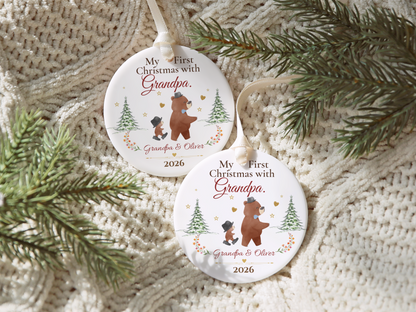 Personalized First Christmas with Grandpa Ornament, Grandson Bear Keepsake
