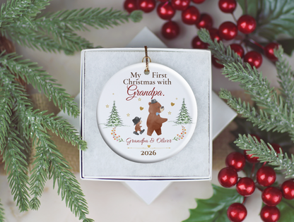 Personalized First Christmas with Grandpa Ornament, Grandson Bear Keepsake