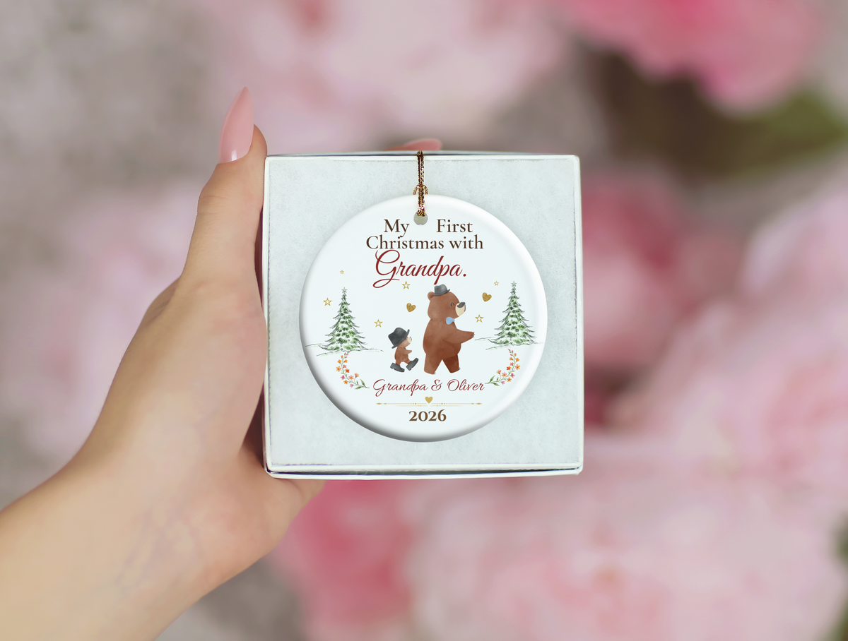 Personalized First Christmas with Grandpa Ornament, Grandson Bear Keepsake