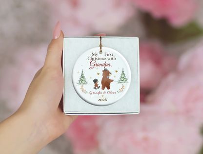 Personalized First Christmas with Grandpa Ornament, Grandson Bear Keepsake