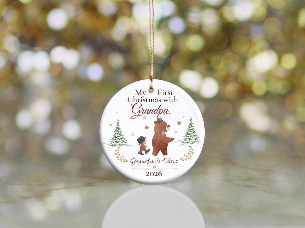 Personalized First Christmas with Grandpa Ornament, Grandson Bear Keepsake