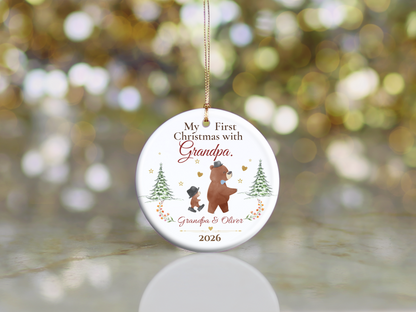 Personalized First Christmas with Grandpa Ornament, Grandson Bear Keepsake