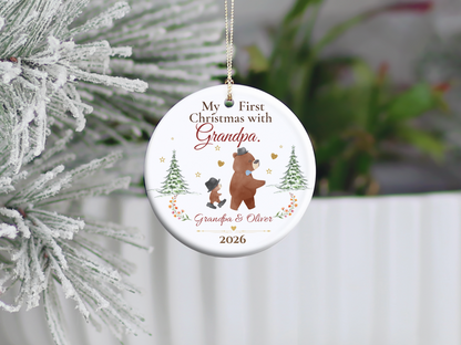 Personalized First Christmas with Grandpa Ornament, Grandson Bear Keepsake
