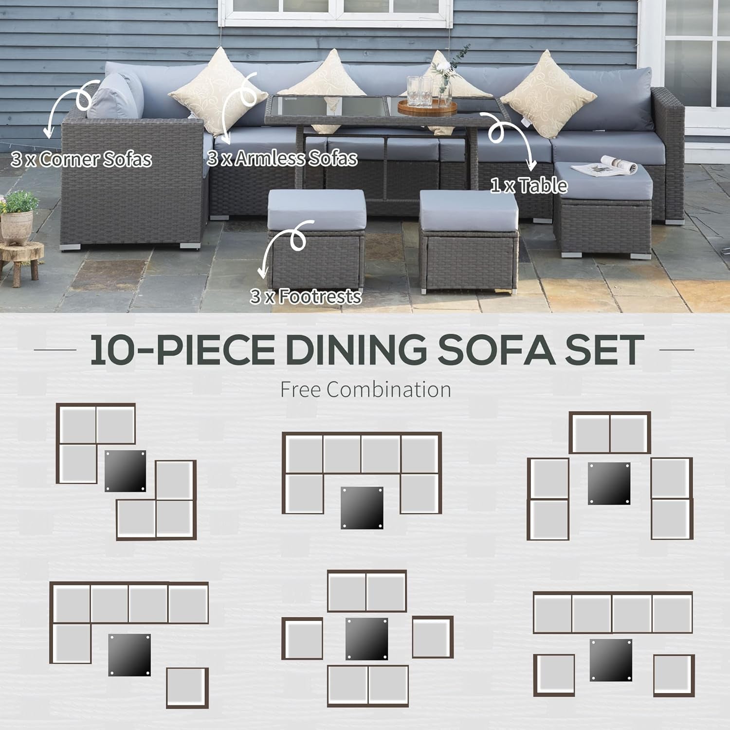 Cavenda™ 10-Piece Rattan Garden Sofa Dining Set – Grey