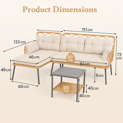3 Piece L-Shaped Beige Rattan Garden Corner Sofa Set with Cushions & Coffee Table – Outdoor Patio Lounge Furniture – Solvanna™